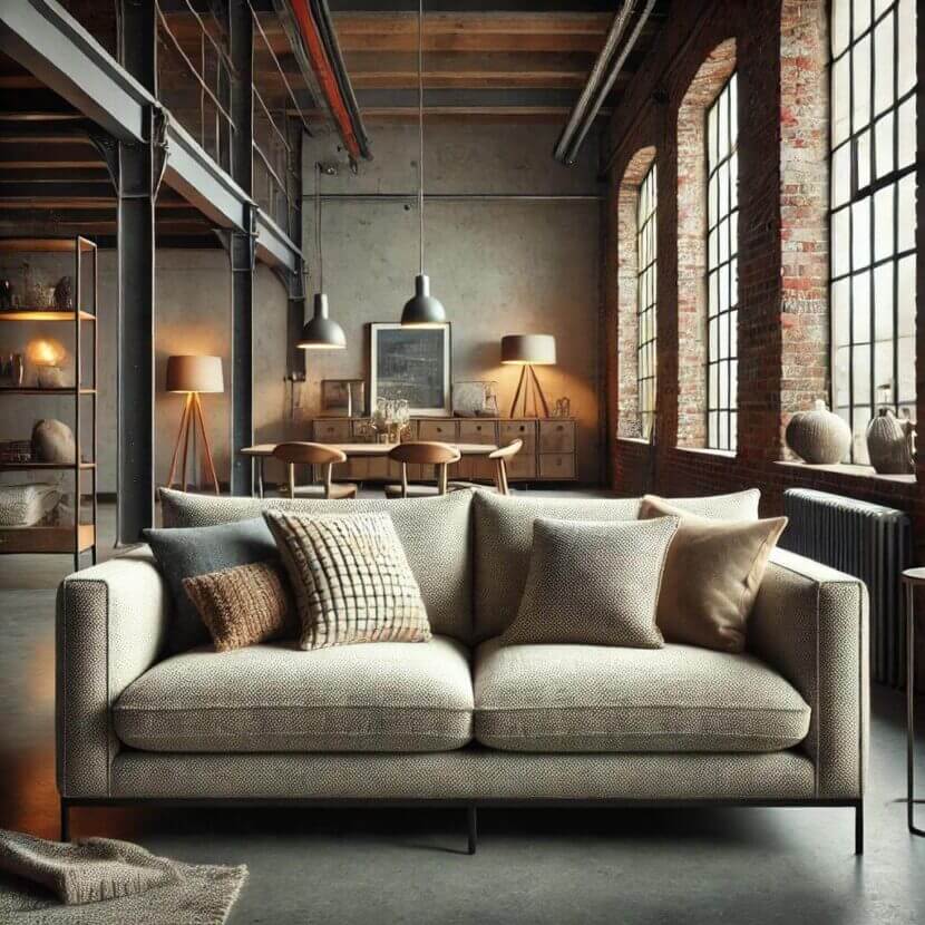 A_comfortable_fabric_sofa_in_an_industrial_chic_li