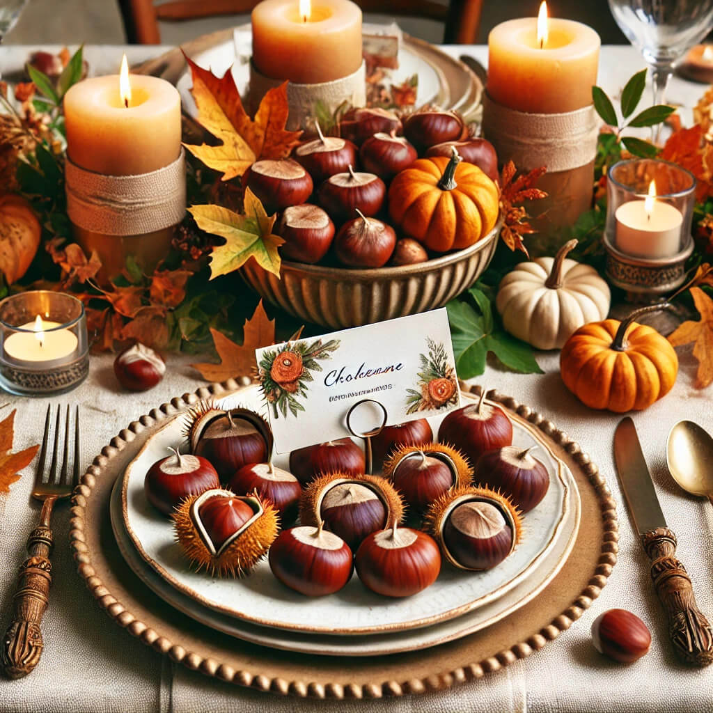 table decoration, fall decoration, table, chestnuts