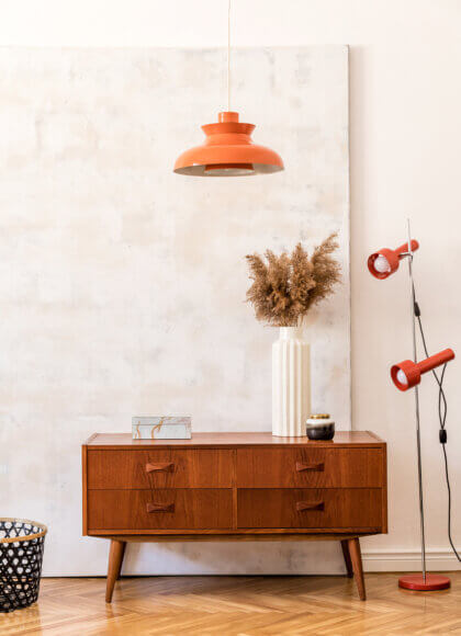 Stylish composition of retro living room with mock up poster fra