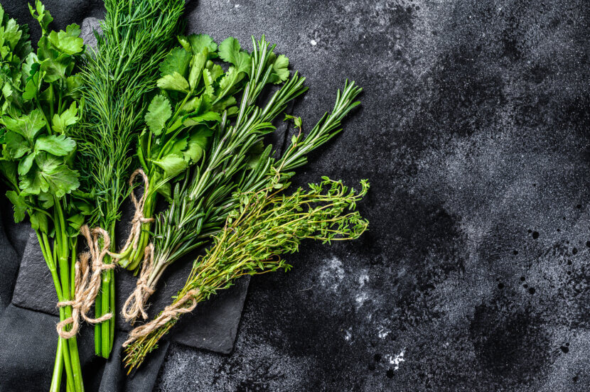 Assortment of fresh herbs coriander, rosemary, thyme, dill, pars
