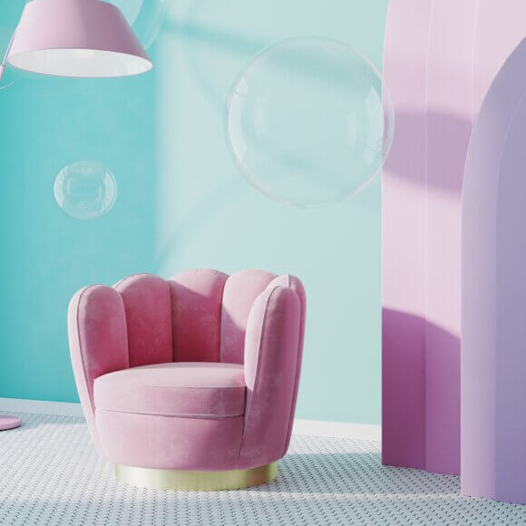 Pink armchair in room with blue wall and pink arch, soap bubbles, 3d render