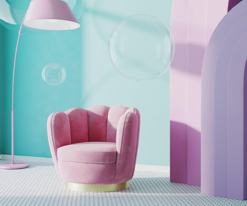 Pink armchair in room with blue wall and pink arch, soap bubbles, 3d render