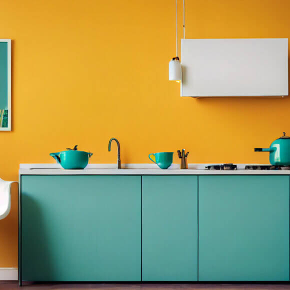 Intérieur résidentiel d'une cuisine moderne. Intérieur moderne et lumineux d'une cuisine avec des meubles blancs et une table à manger. Intérieur d'une cuisine moderne et confortable