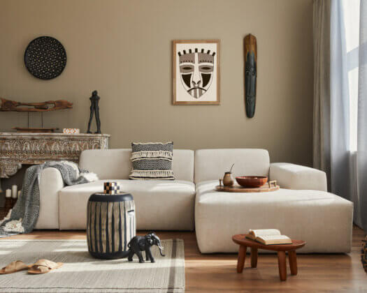 Stylish ethnic living room interior with design modular sofa, wo