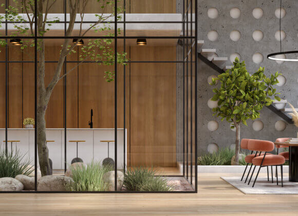 Le design biophilique : comment faire entrer la nature dans votre intérieur Illustration 3D d'un intérieur conceptuel de style moderne