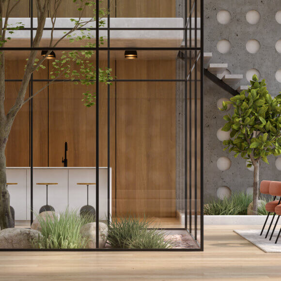 Modern-style conceptual 3D illustration of an interior room