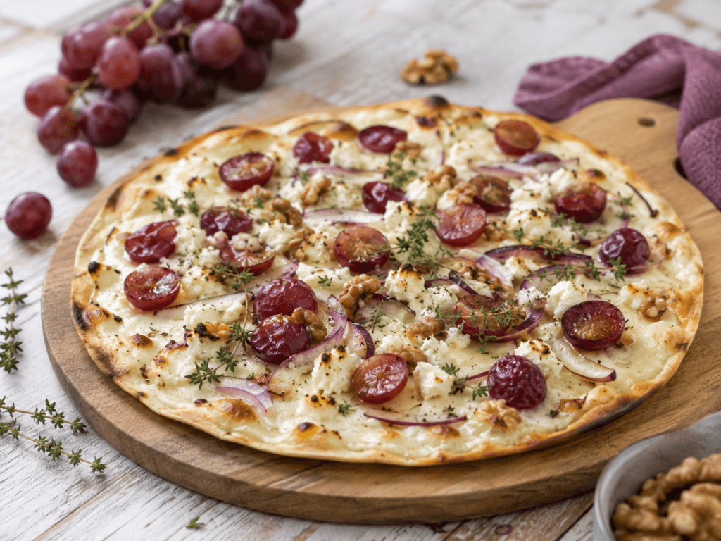 Trauben Rezepte zum Nachkochen, Flammkichen mit Trauben, Ziegenkäse und Thymian